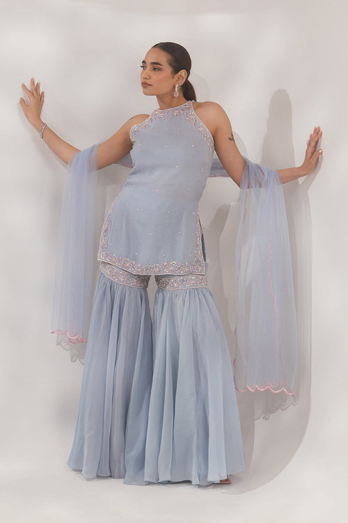 Blue Halter Sharara Set