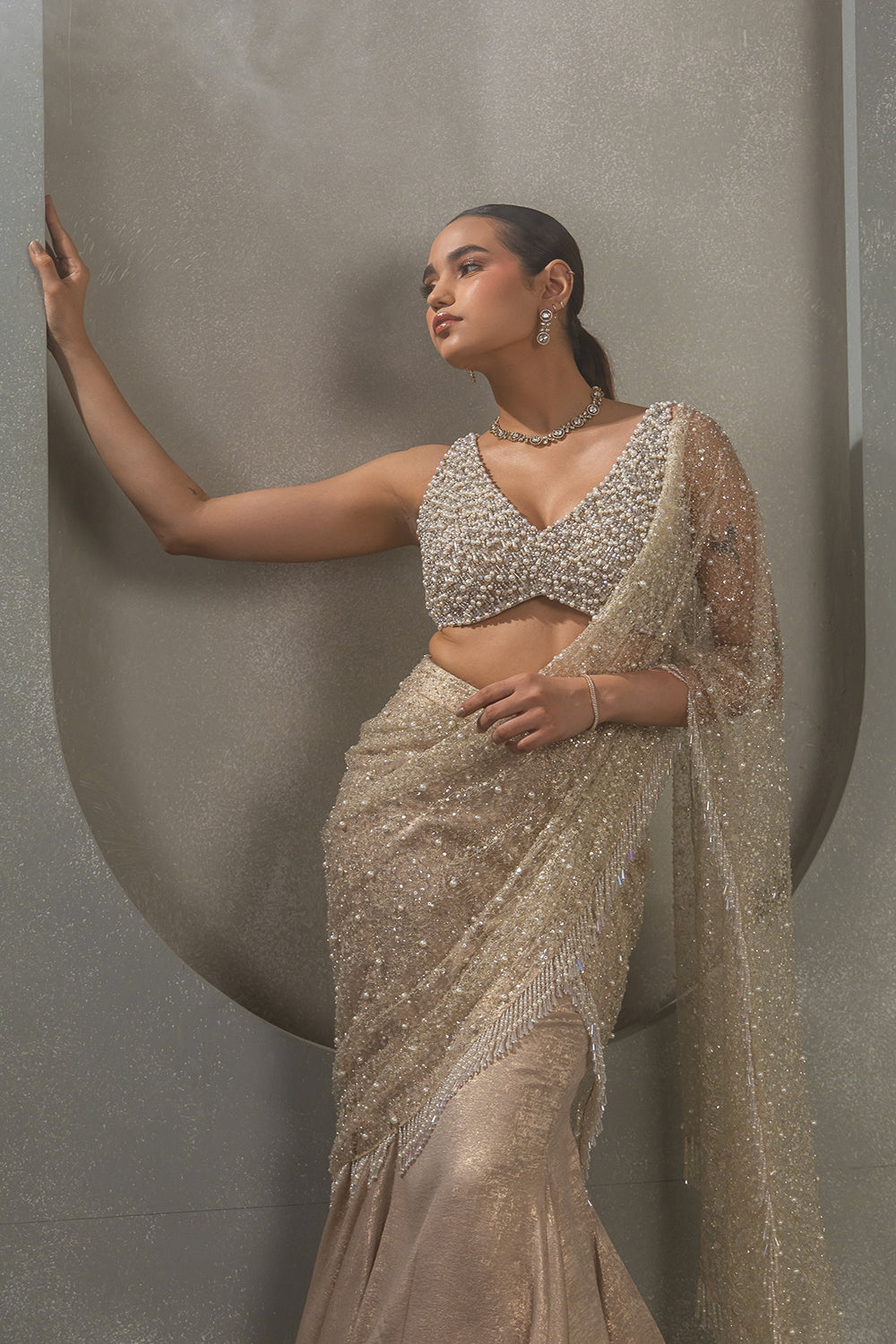 Heavy Jaal Embroidred Palla Saree with Pearl Blouse