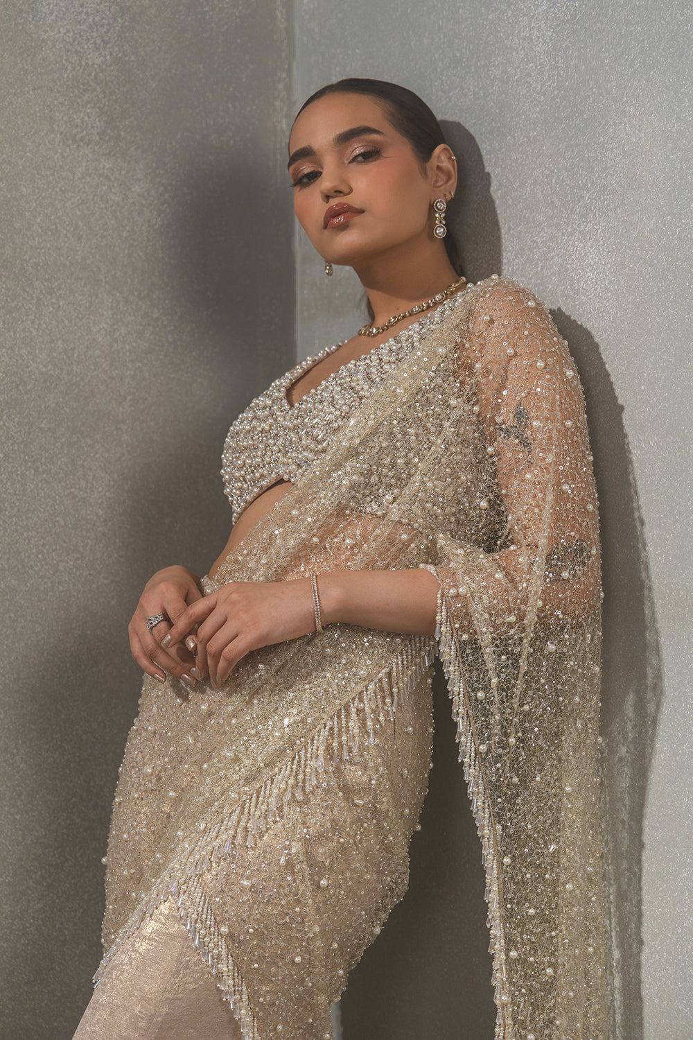 Heavy Jaal Embroidred Palla Saree with Pearl Blouse