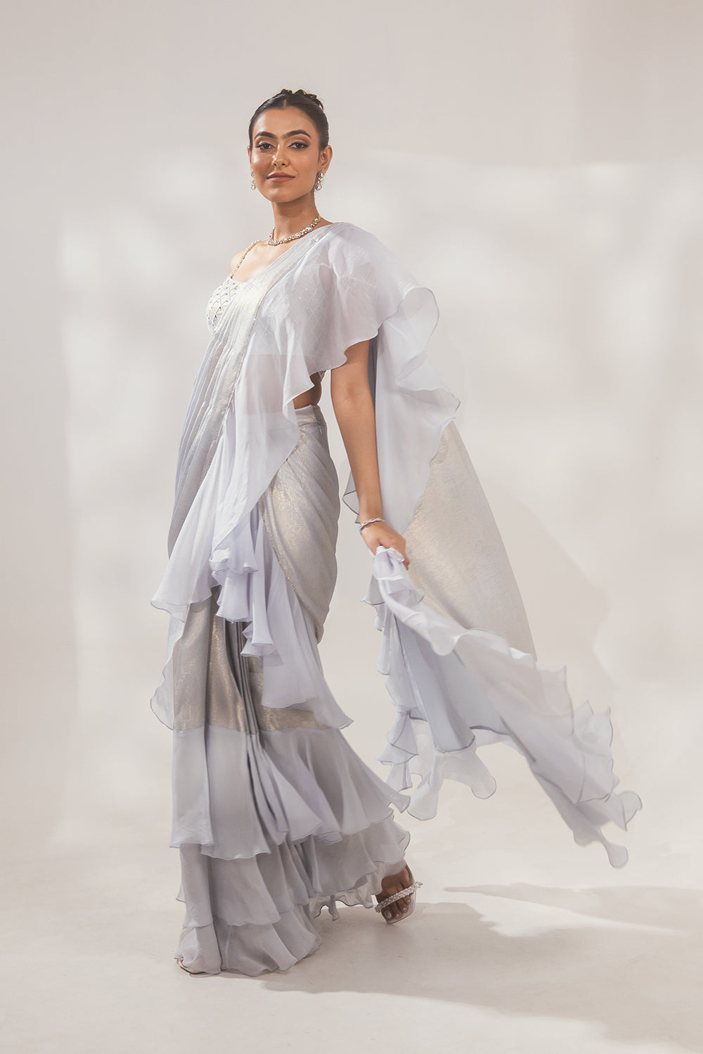 Metallic Blue Ruffle Saree