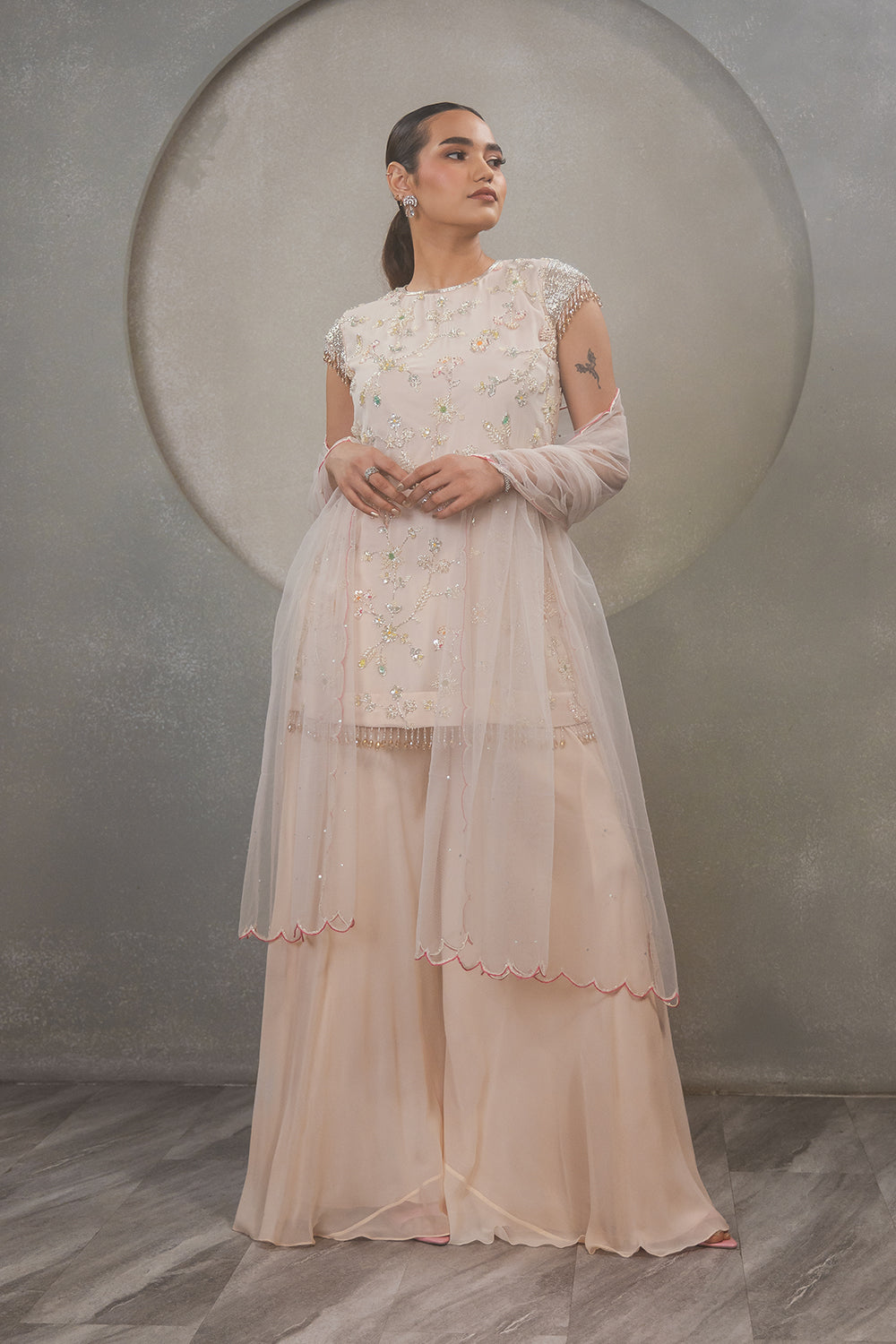 Peach Capes Sleeves with Tassels Kurta Set