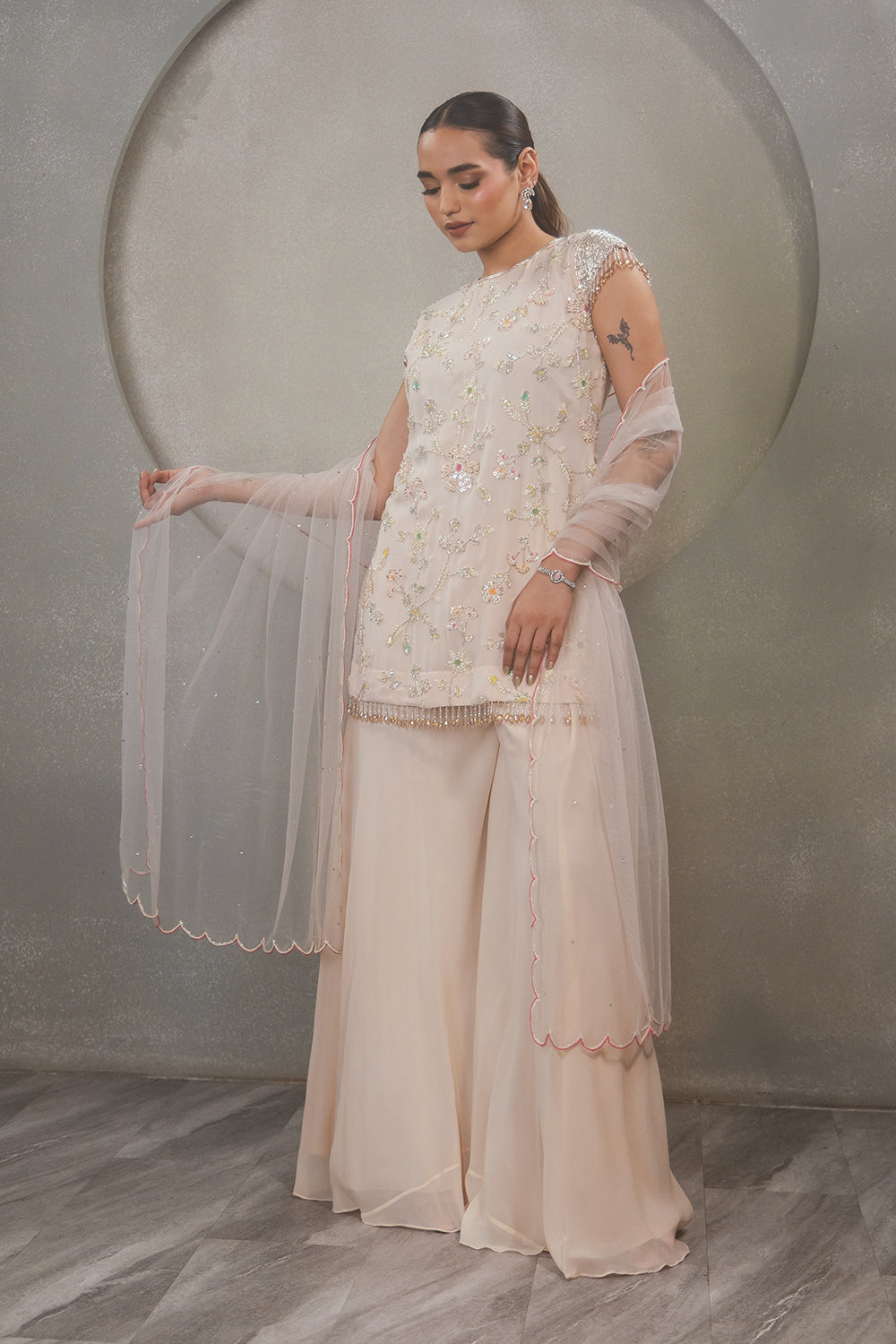 Peach Capes Sleeves with Tassels Kurta Set