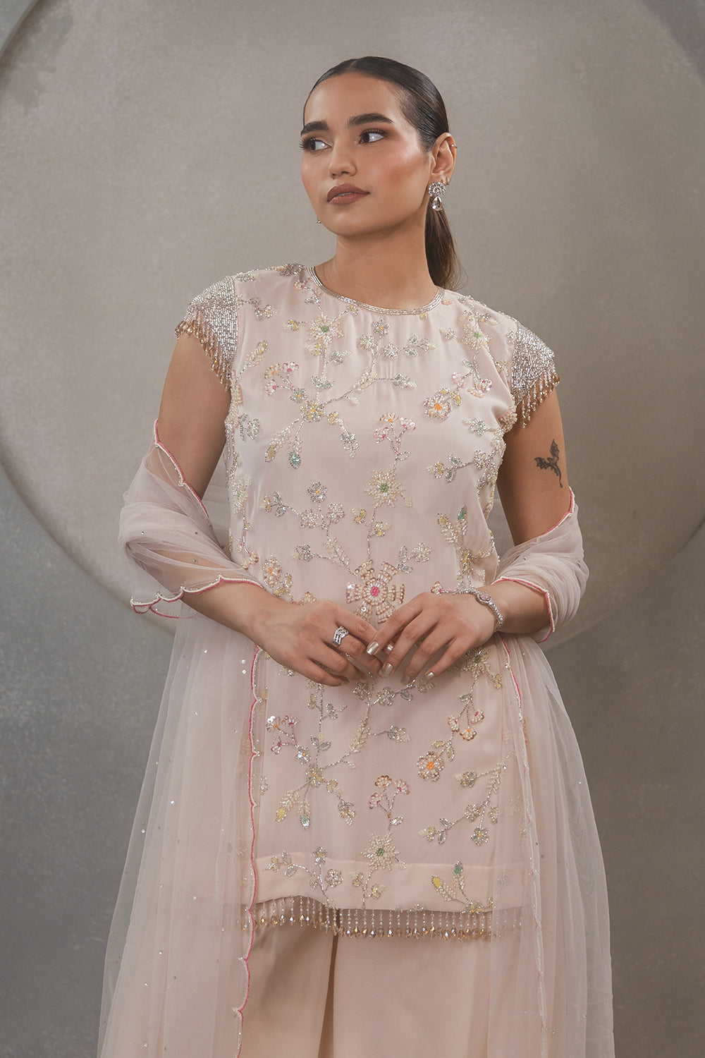 Peach Capes Sleeves with Tassels Kurta Set