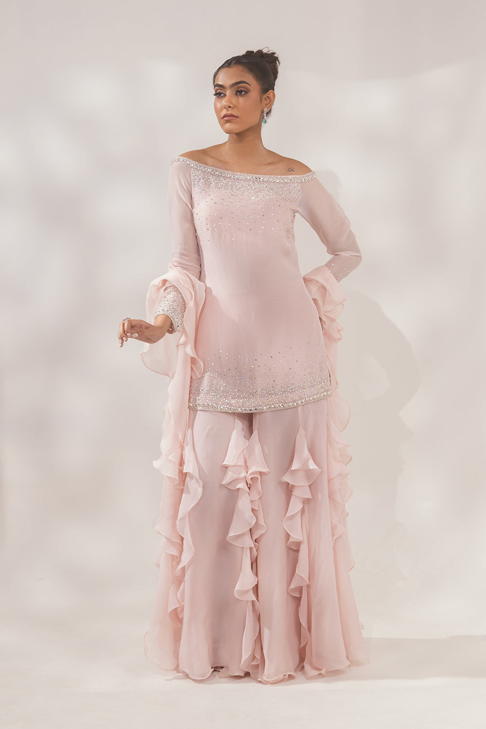 Peach Multi Color Ruffle Sharara Set