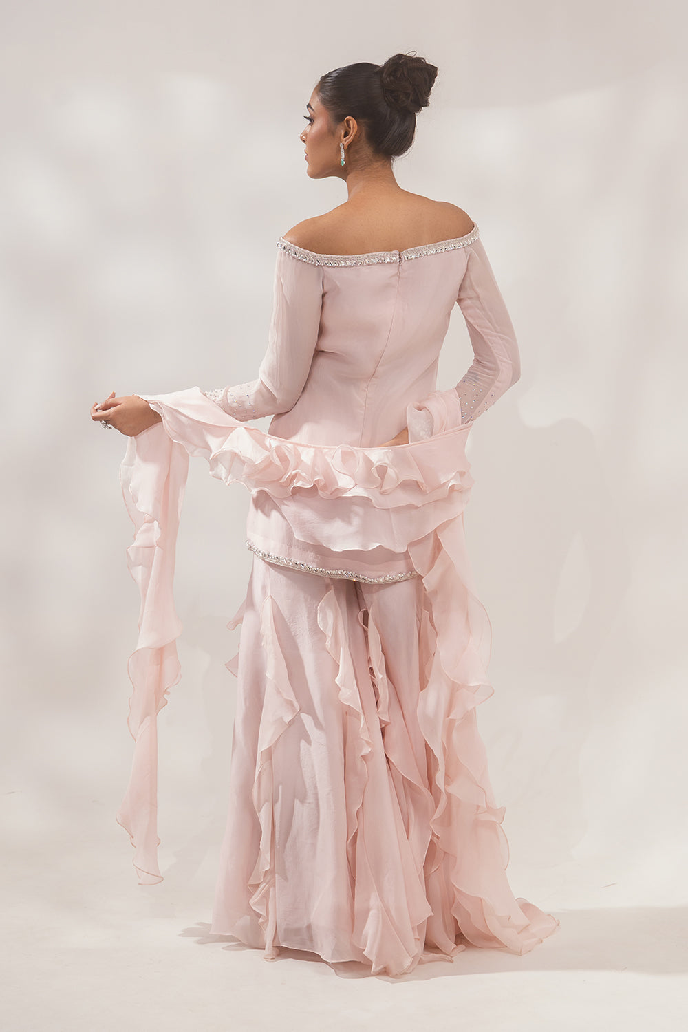 Peach Multi Color Ruffle Sharara Set
