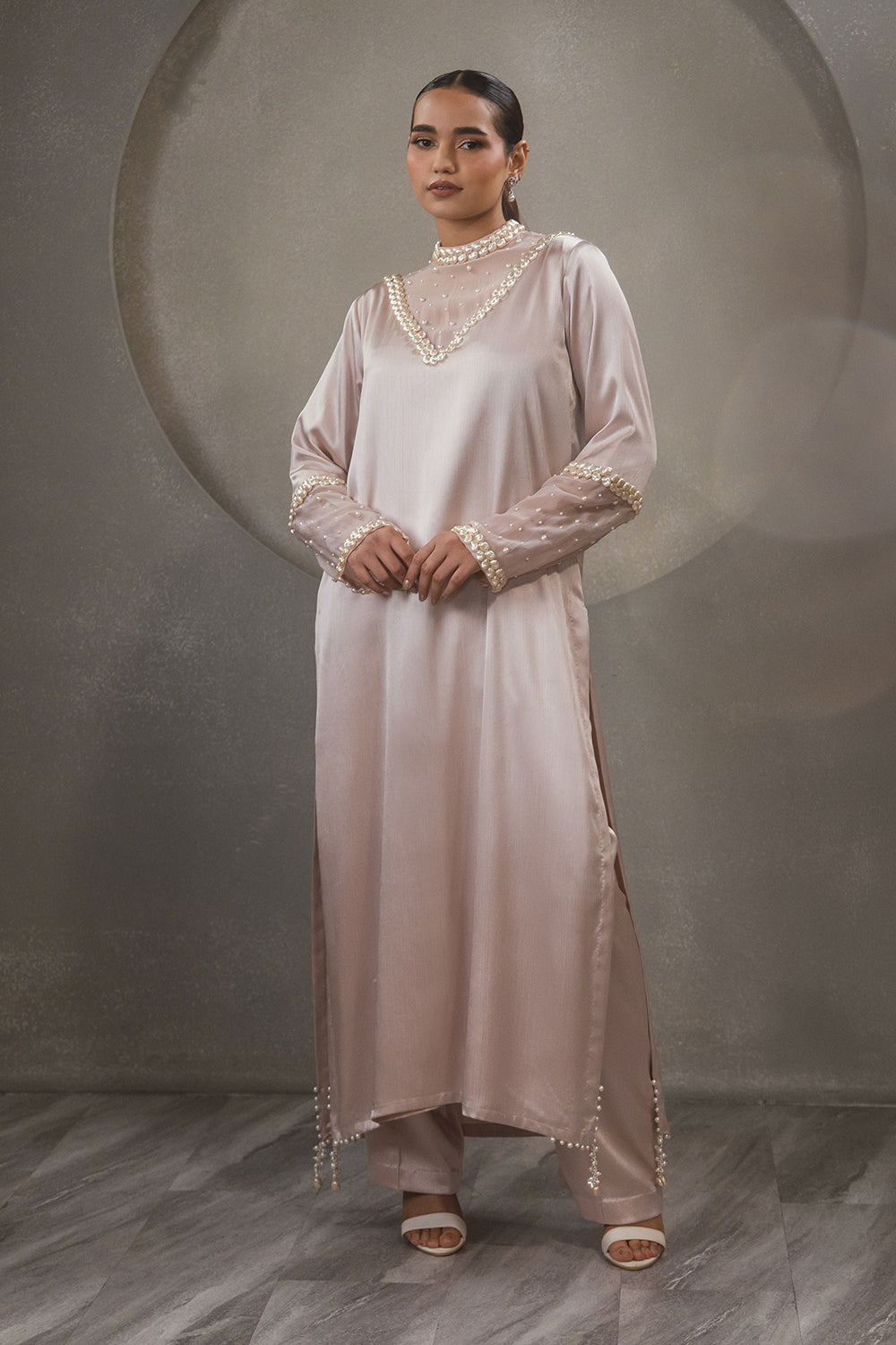 Pink High Neck Pearl Kurta Set