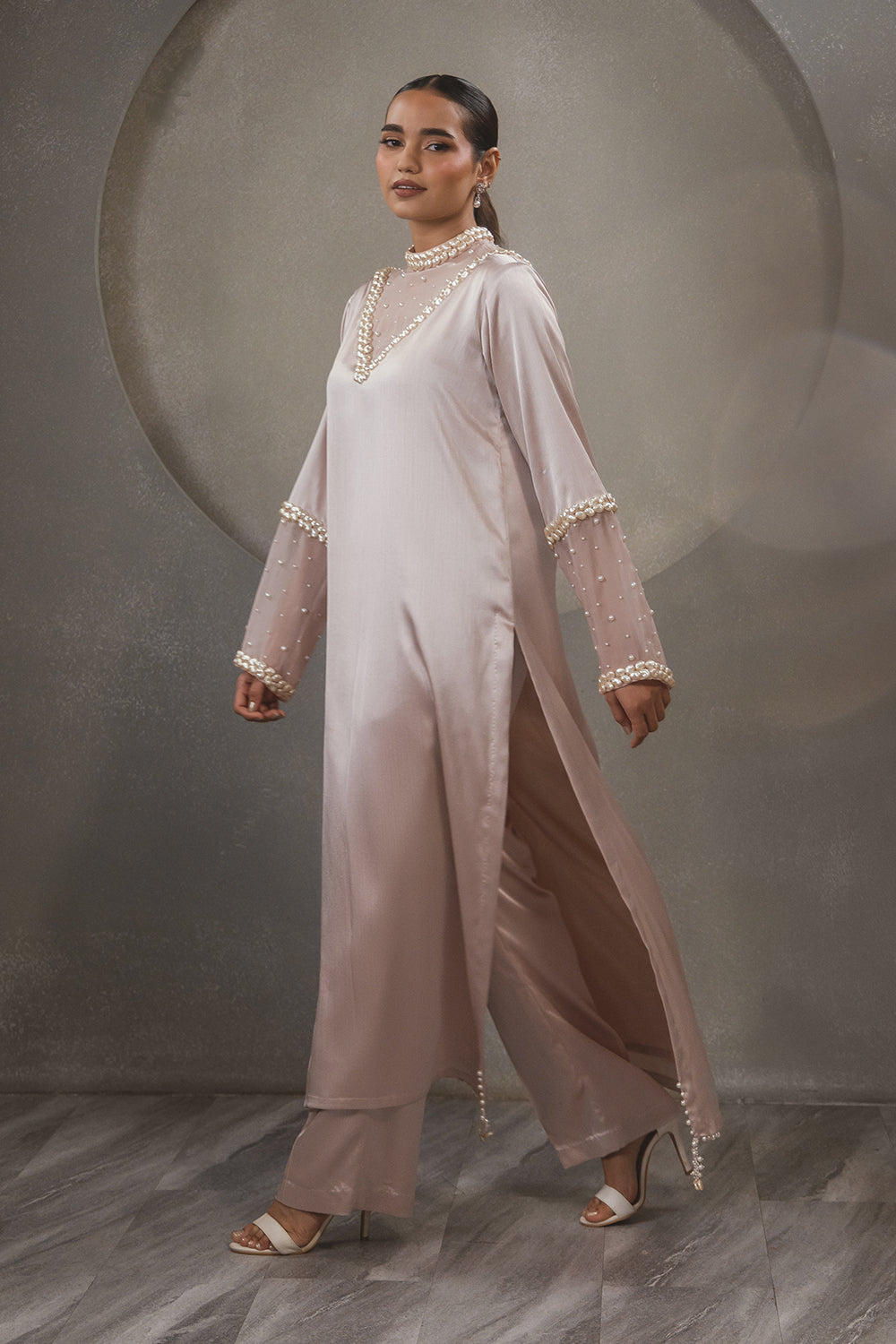 Pink High Neck Pearl Kurta Set