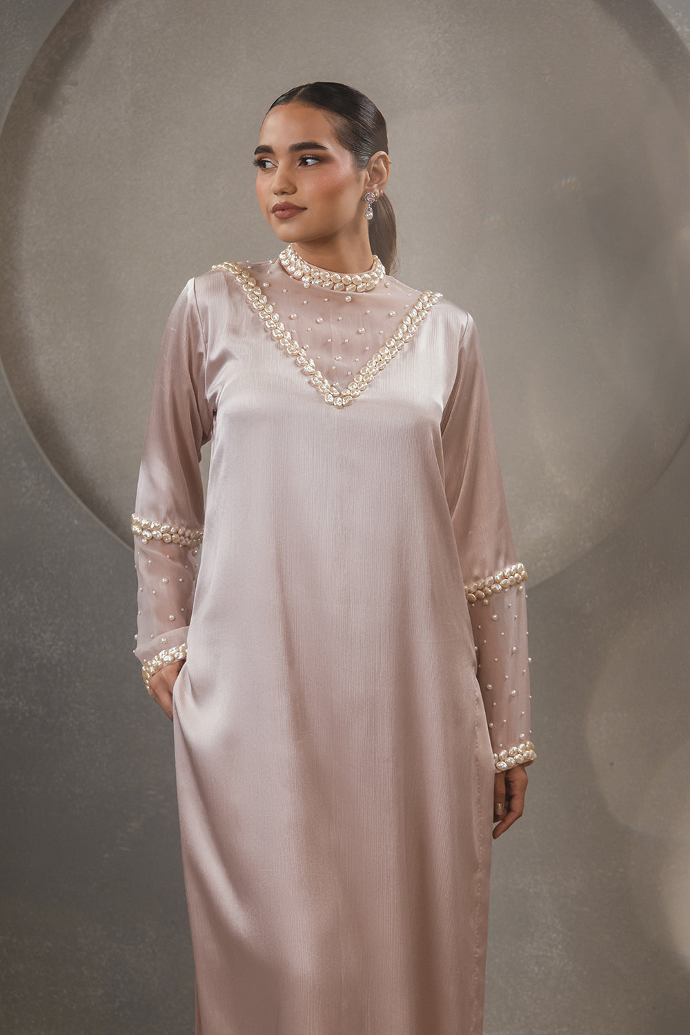Pink High Neck Pearl Kurta Set
