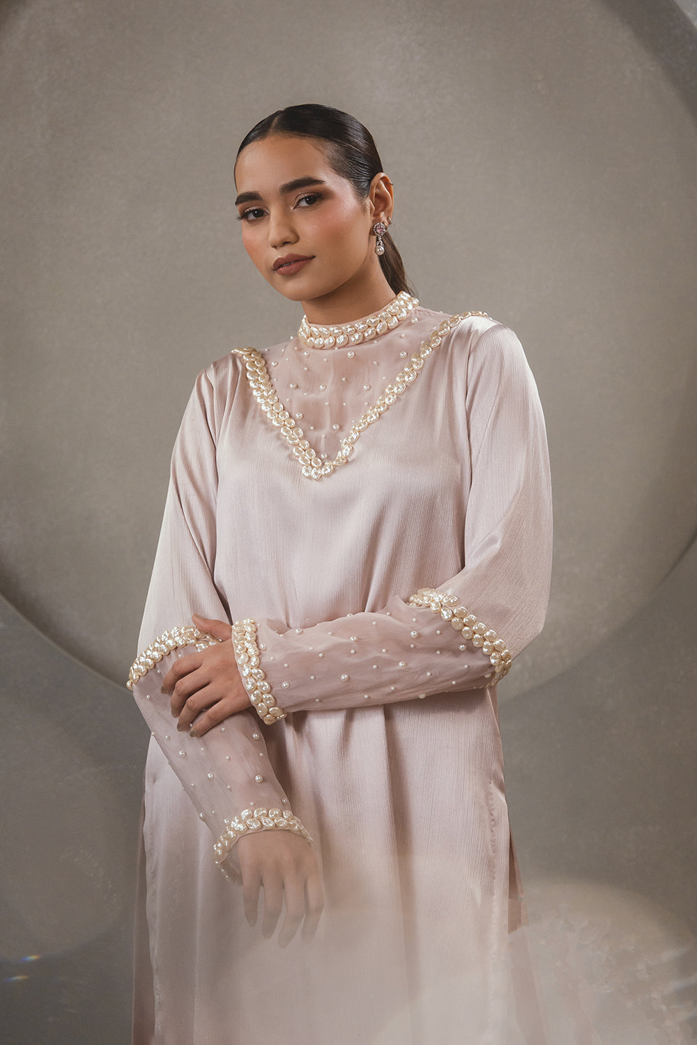 Pink High Neck Pearl Kurta Set