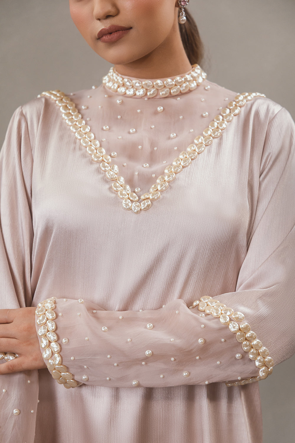 Pink High Neck Pearl Kurta Set