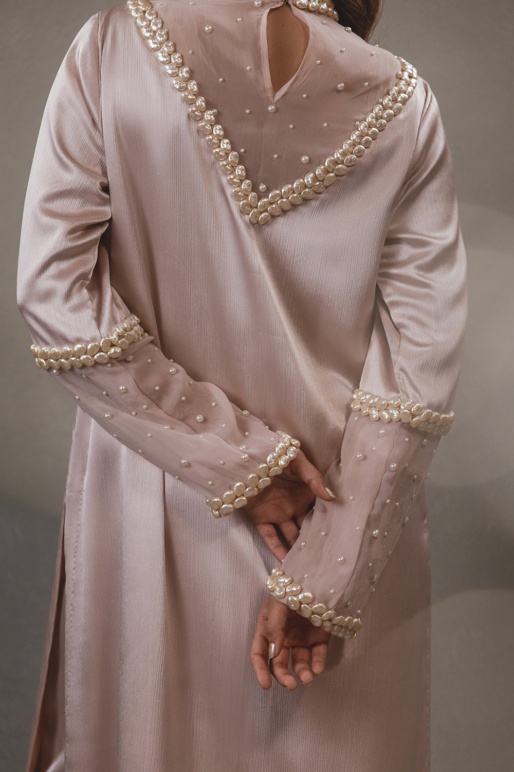 Pink High Neck Pearl Kurta Set