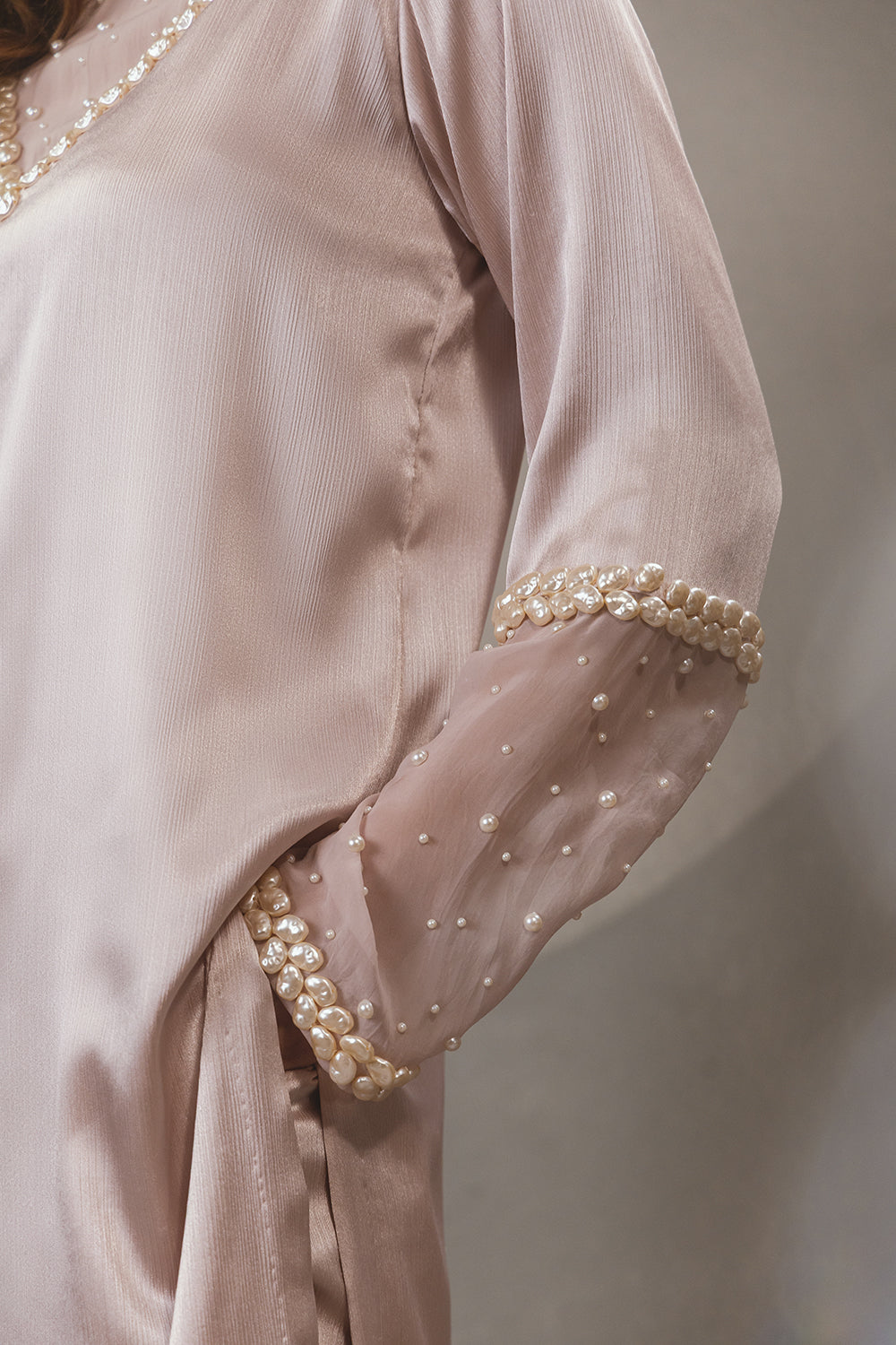 Pink High Neck Pearl Kurta Set