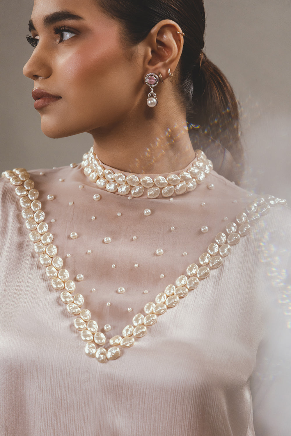 Pink High Neck Pearl Kurta Set