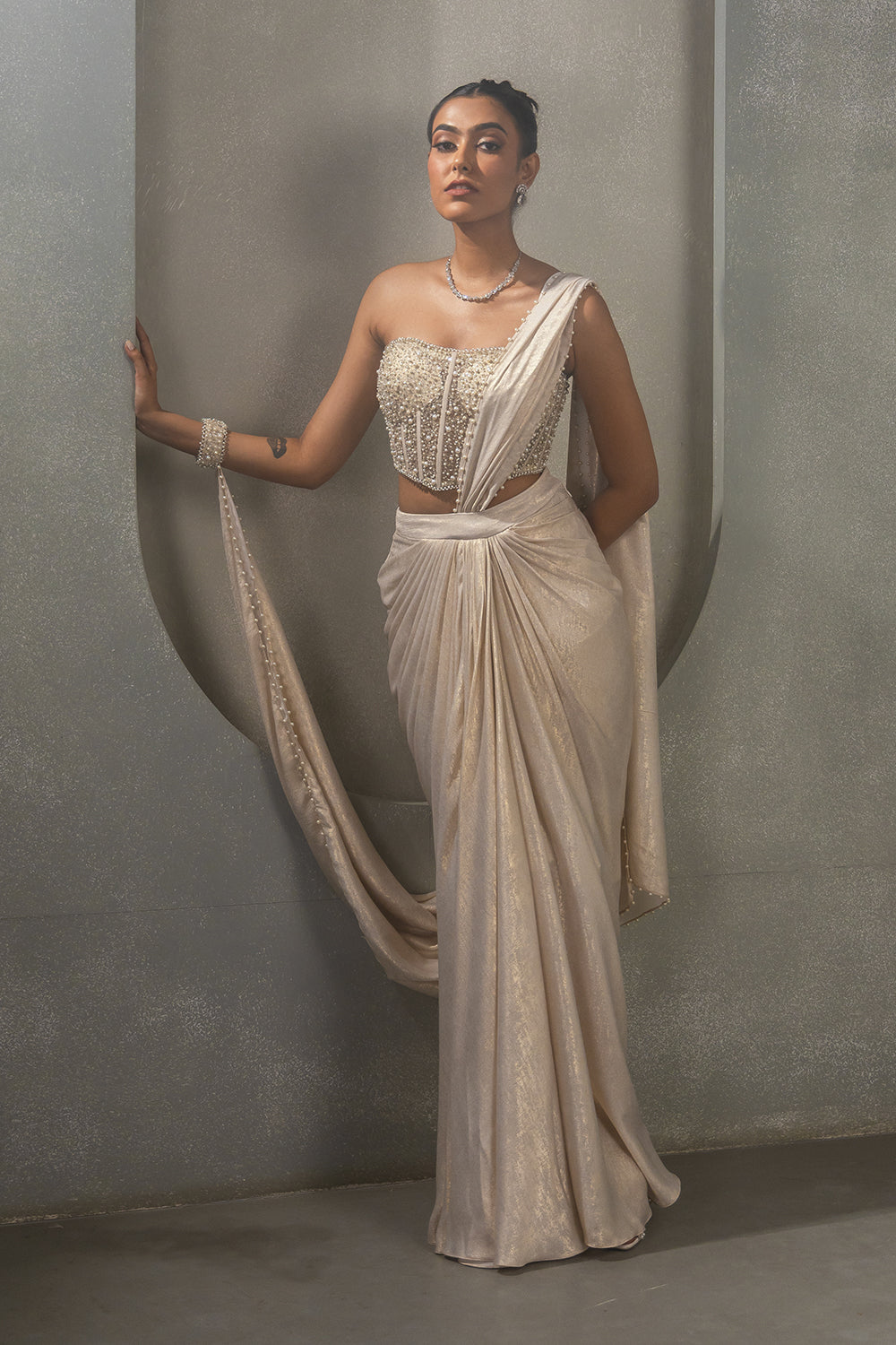 White Gold Corset Drape Saree