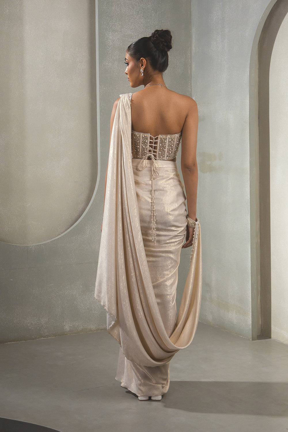 White Gold Corset Drape Saree