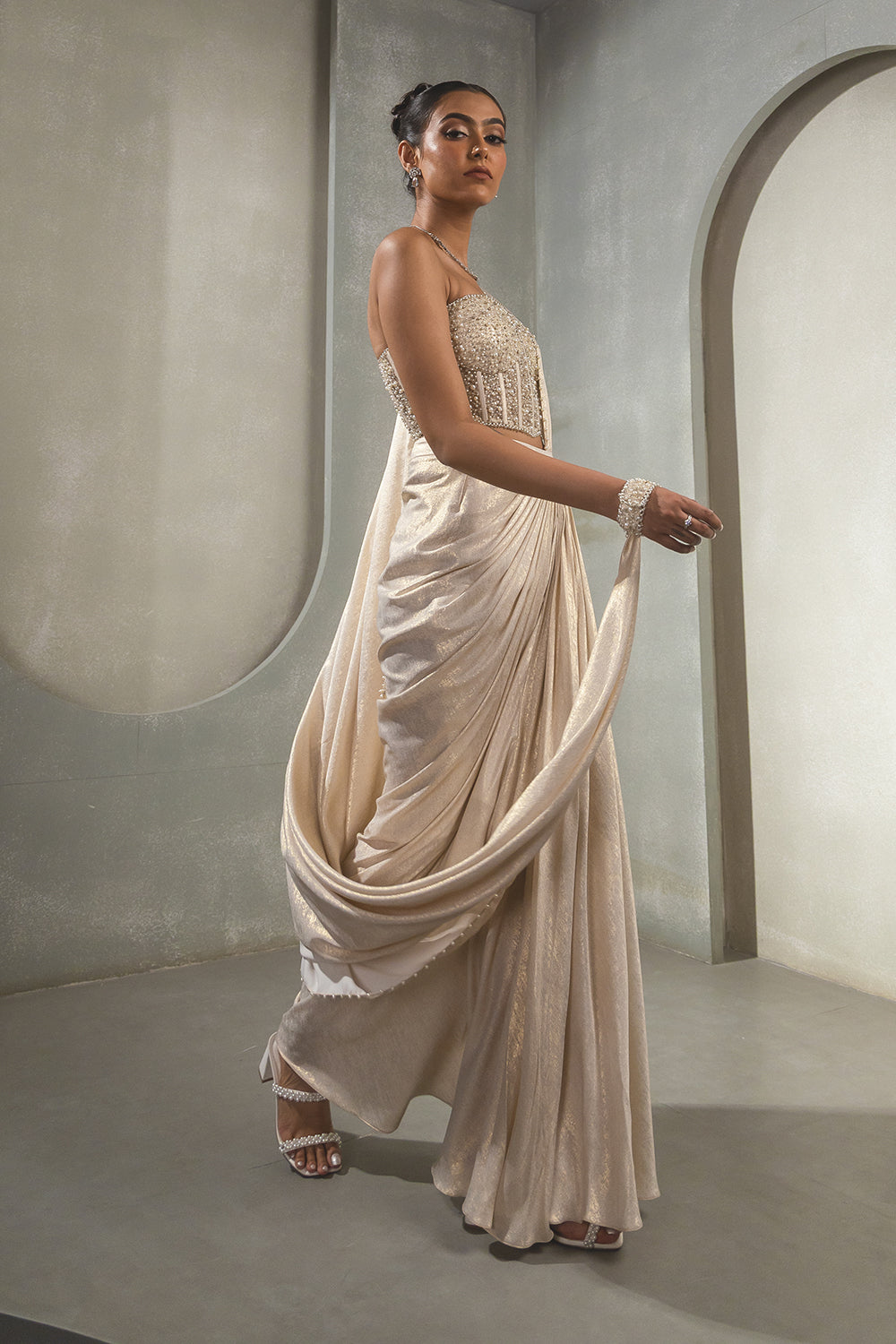 White Gold Corset Drape Saree