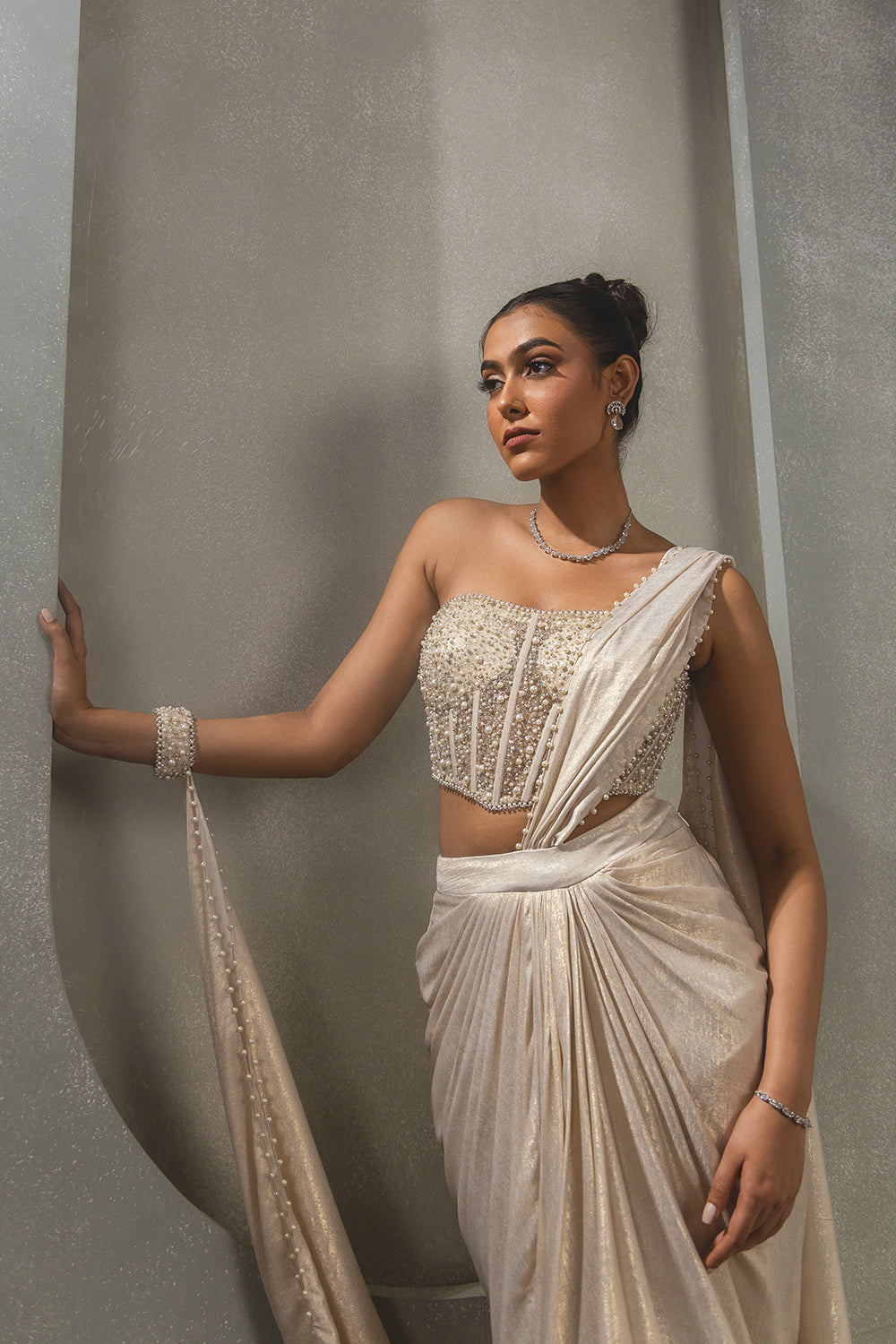 White Gold Corset Drape Saree