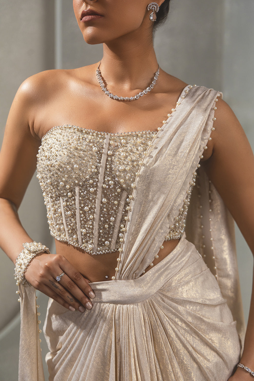 White Gold Corset Drape Saree